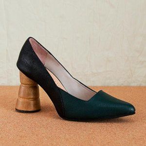 Wooden Block Heel Leather Pump Shoes - Garces Bottier | Canoa Green